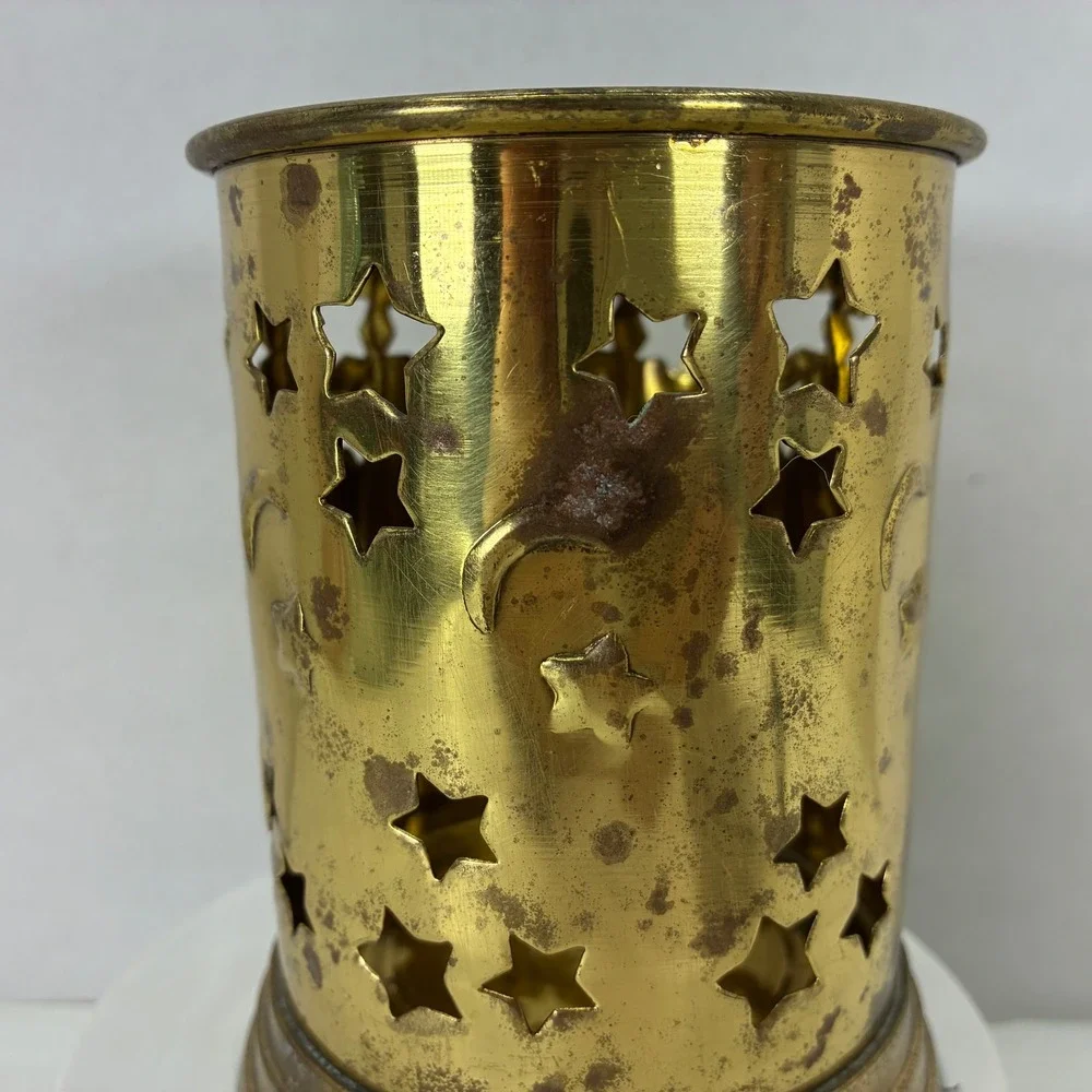Vintage Brass Celestial Star and Moon Cutout Candle Holder Sleeve Patina Gold